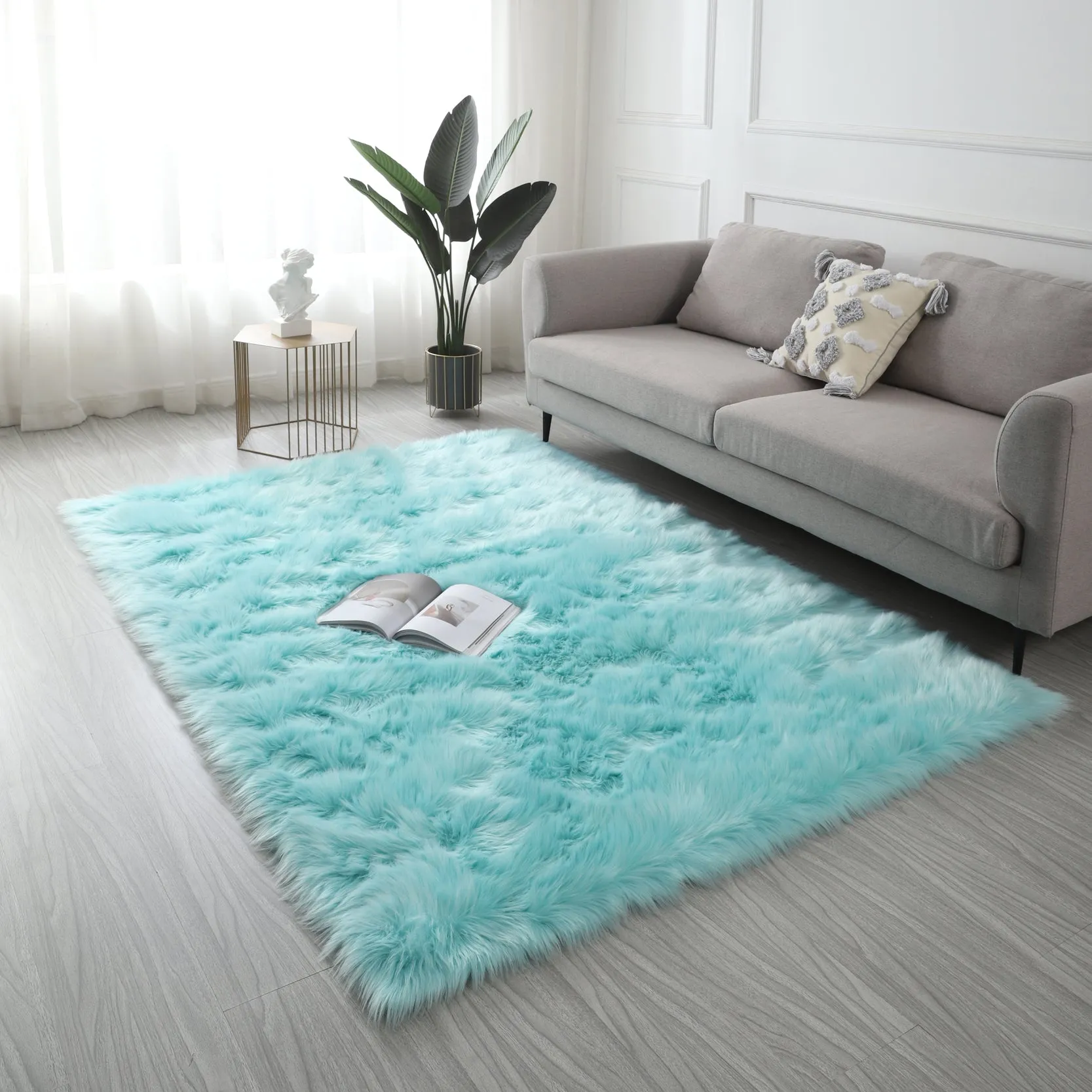 Cozy Ultra Soft Fluffy Faux Fur Turquoise Area Rug