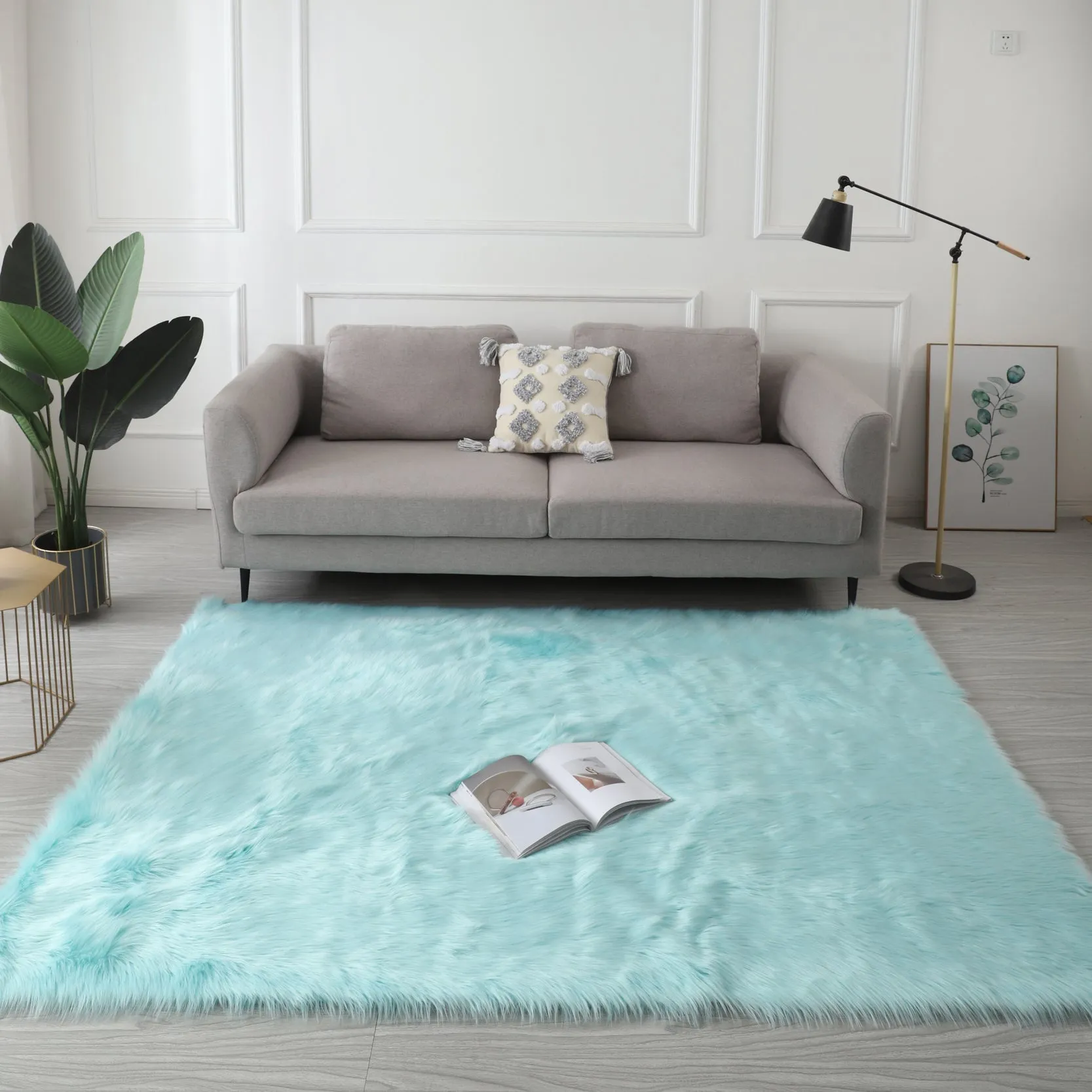 Cozy Ultra Soft Fluffy Faux Fur Turquoise Area Rug