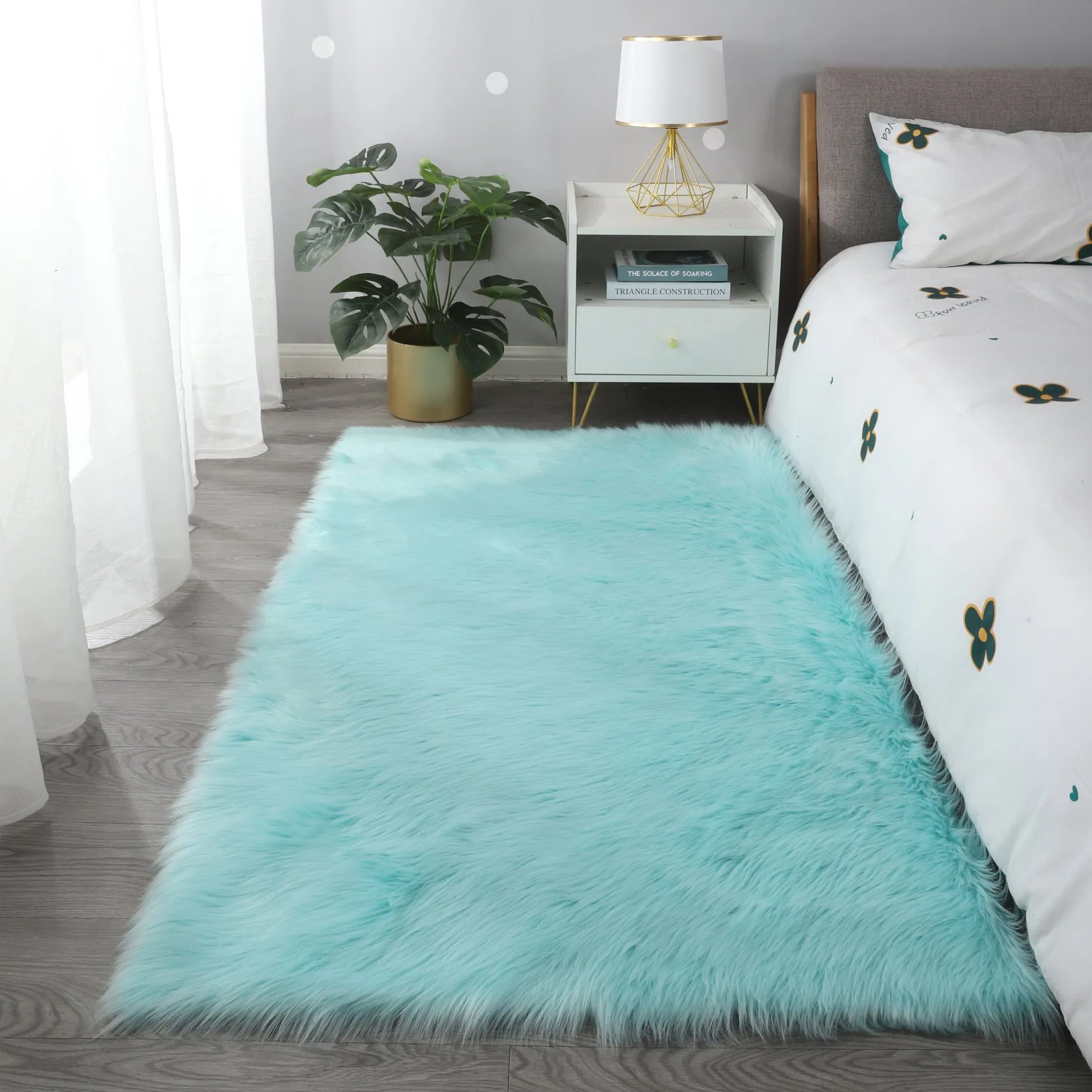 Cozy Ultra Soft Fluffy Faux Fur Turquoise Area Rug