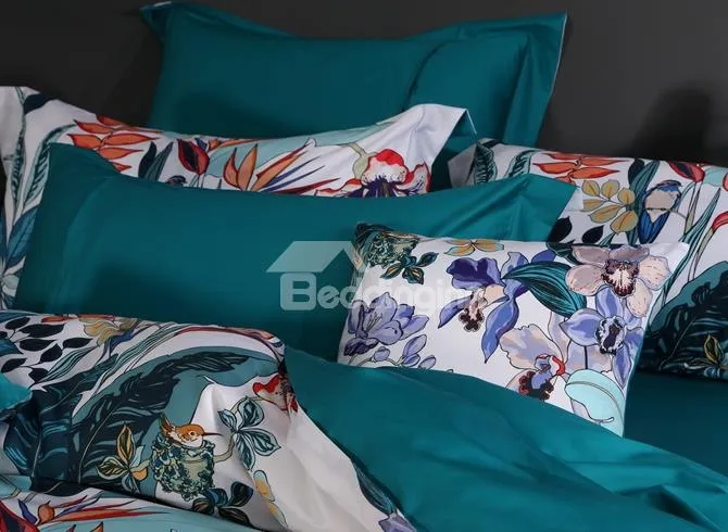 Designer Brocade Birds Flowers Painting Pastoral Style Luxury 4-Piece Cotton Bedding Sets