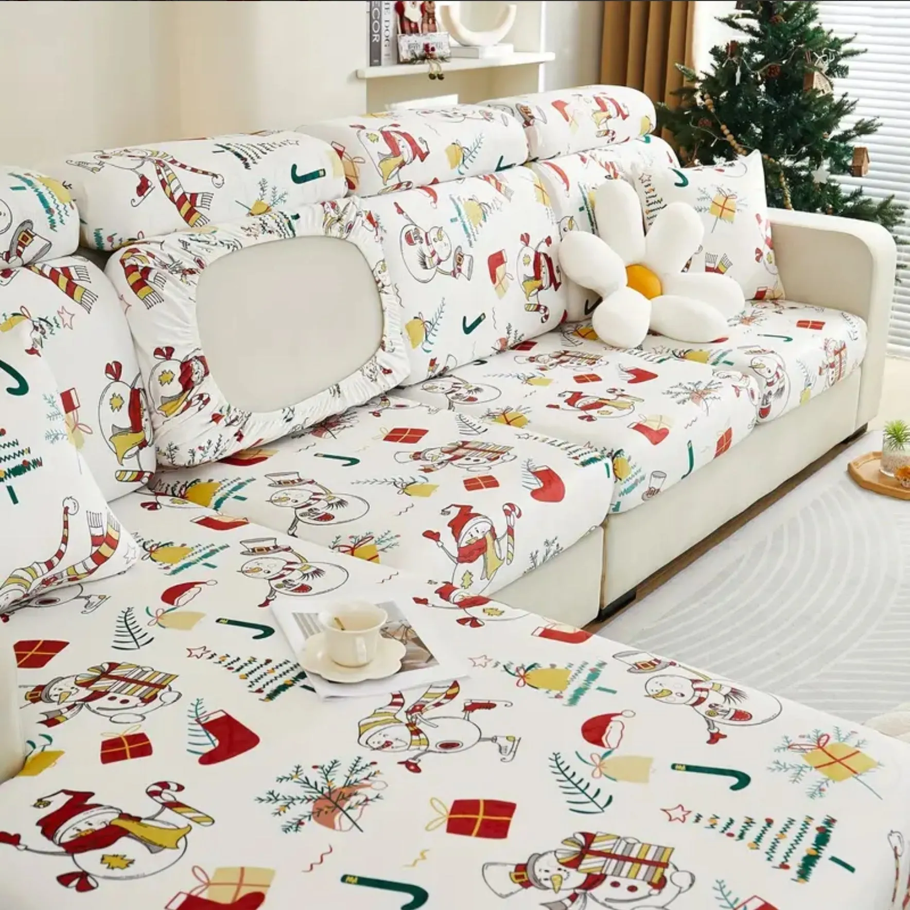 Festive White Christmas Sectional Couch Cover for Stylish Pet Cushion