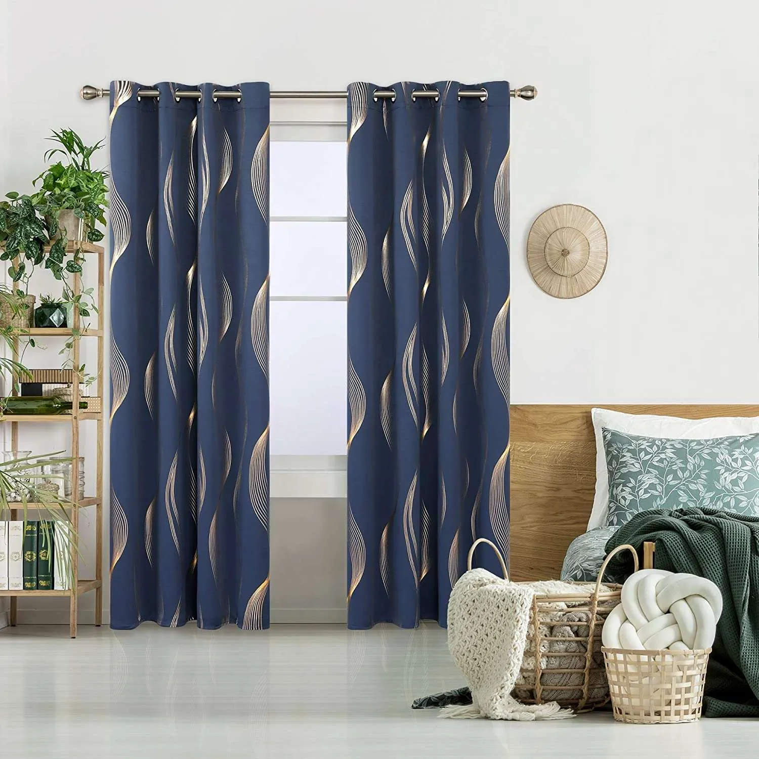 Gold Foil Printed 80-85% Blackout Curtains - Pack of 1 Curtain - Double Wave - Navy Blue