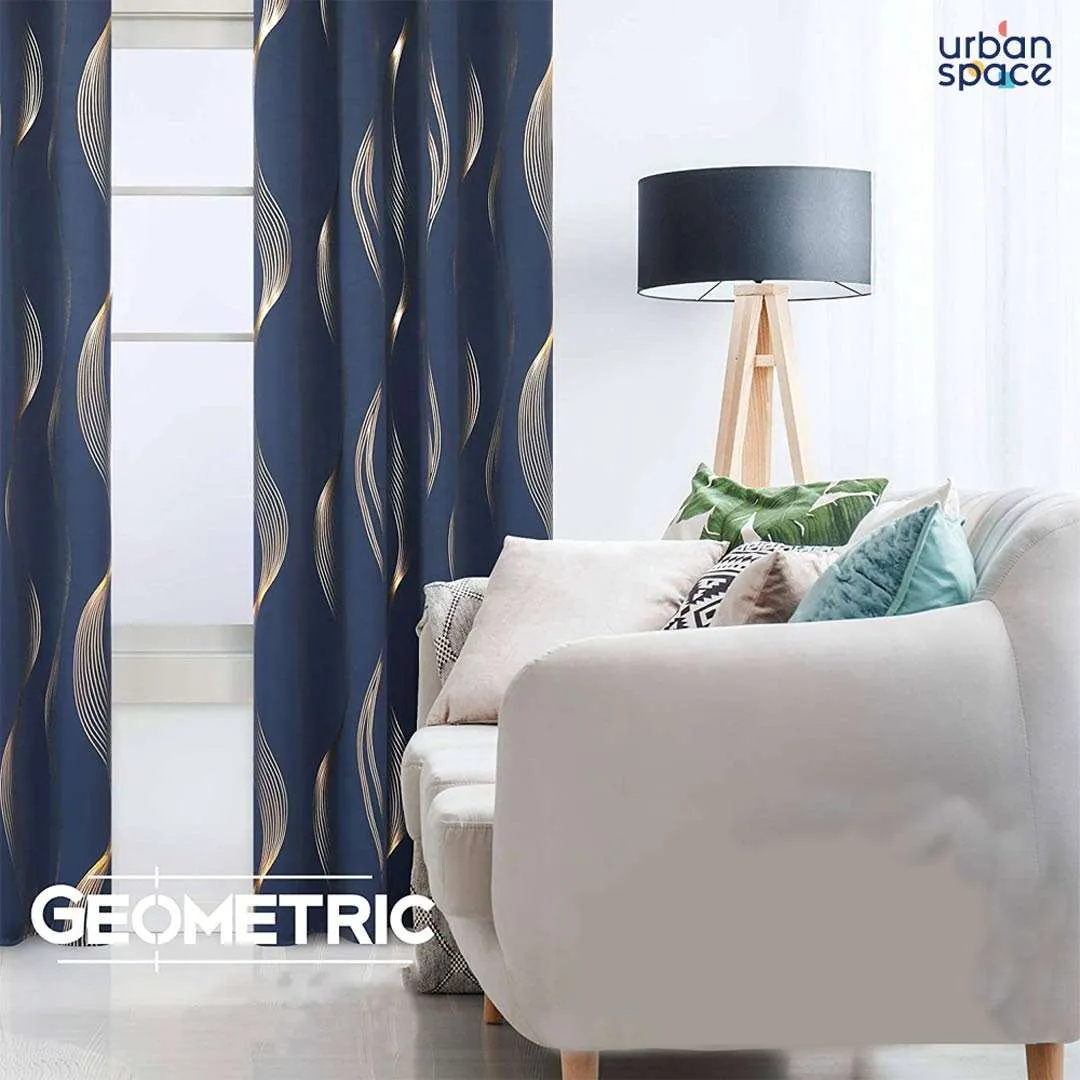 Gold Foil Printed 80-85% Blackout Curtains - Pack of 1 Curtain - Double Wave - Navy Blue