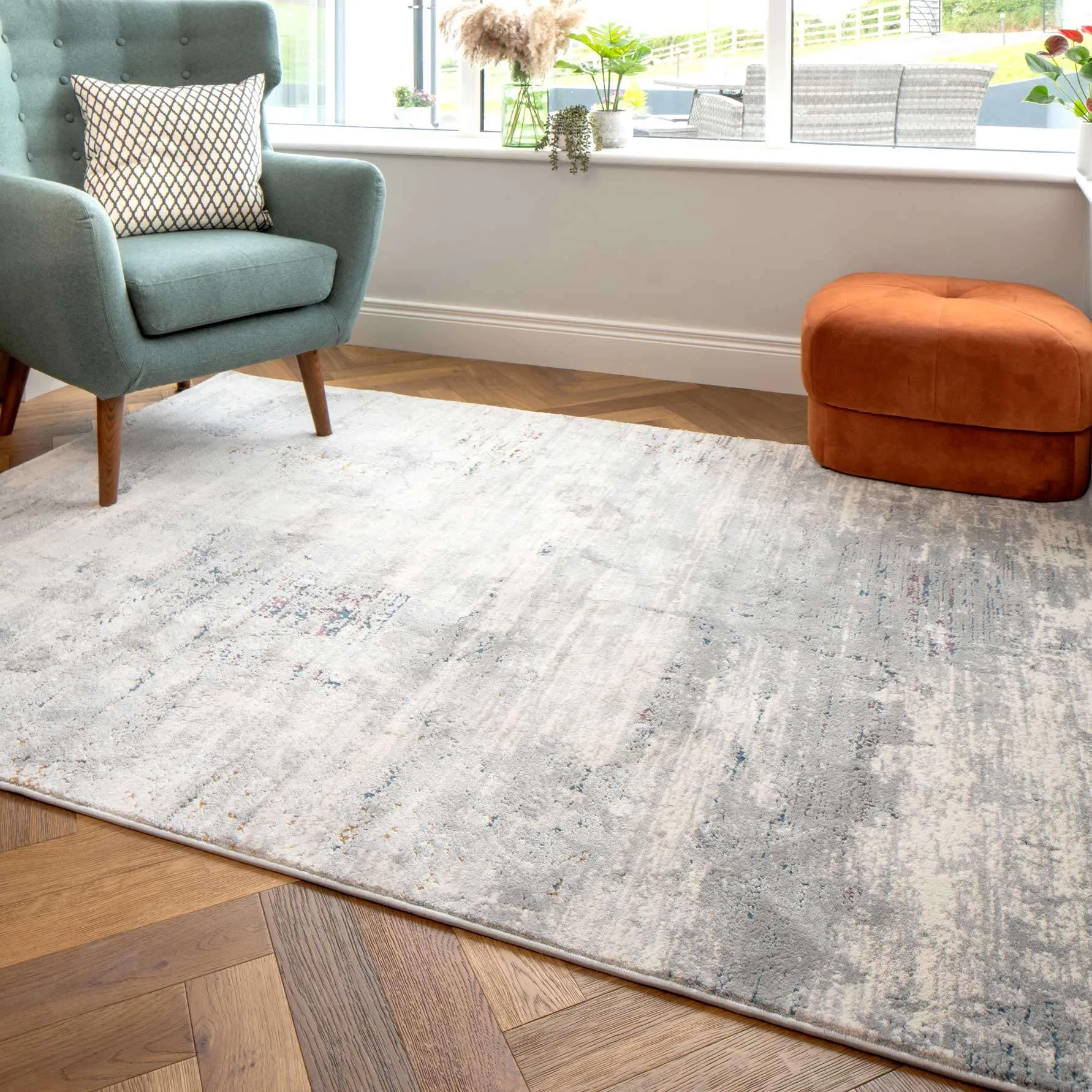 Grey Distressed Multicoloured Abstract Living Room Rug - Song