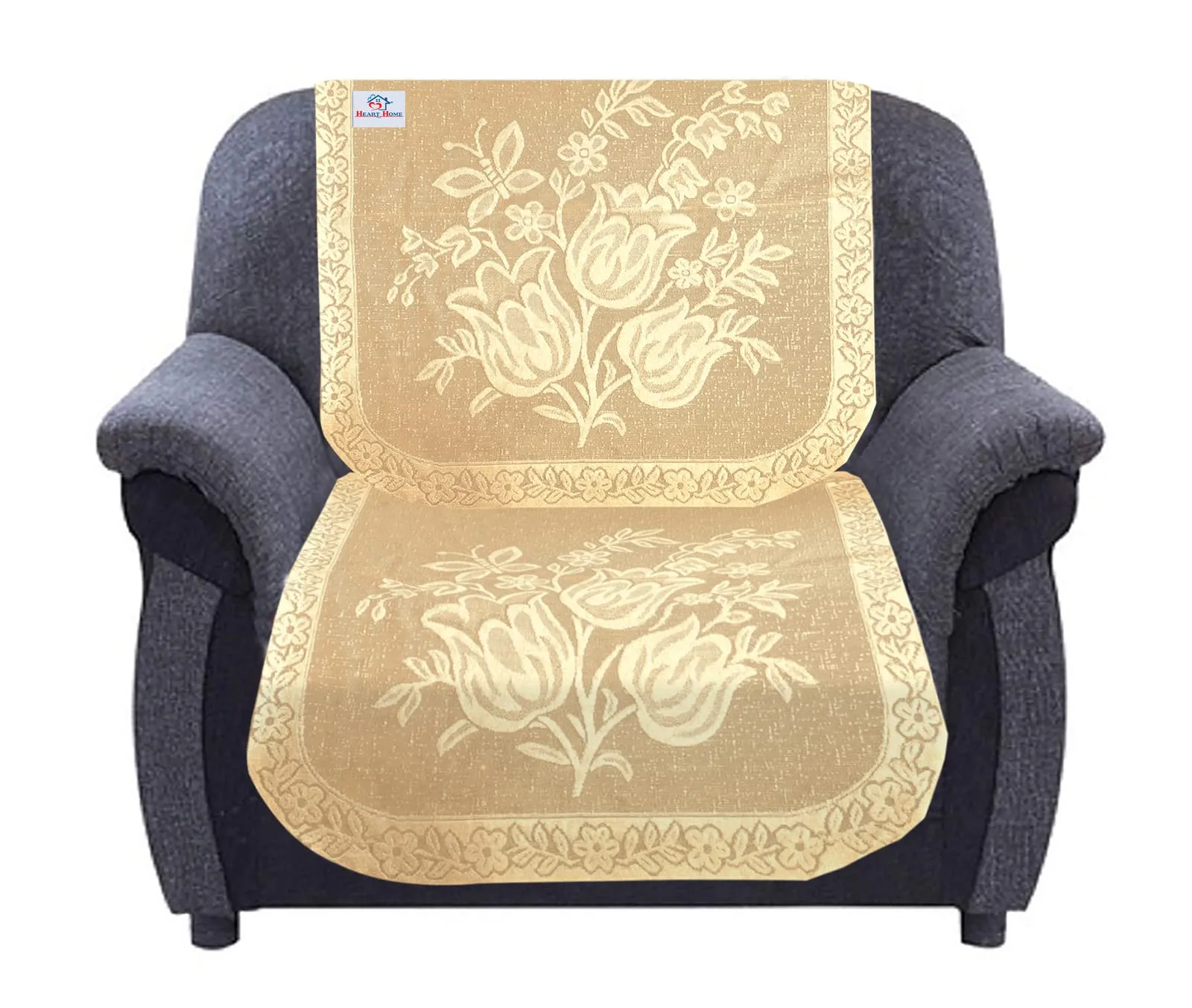 Heart Home Flower Printed Luxurious, Abstract Design 3 Seater Cotton Sofa Cover Set for Living Room, Office (Cream)-44HH0584