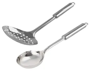 Heart Home Multiuses Serving & Cooking Stainless Steel Kitchen Tool & Utensil, Set of 2 (Skimmer & Ladle) (Silver)