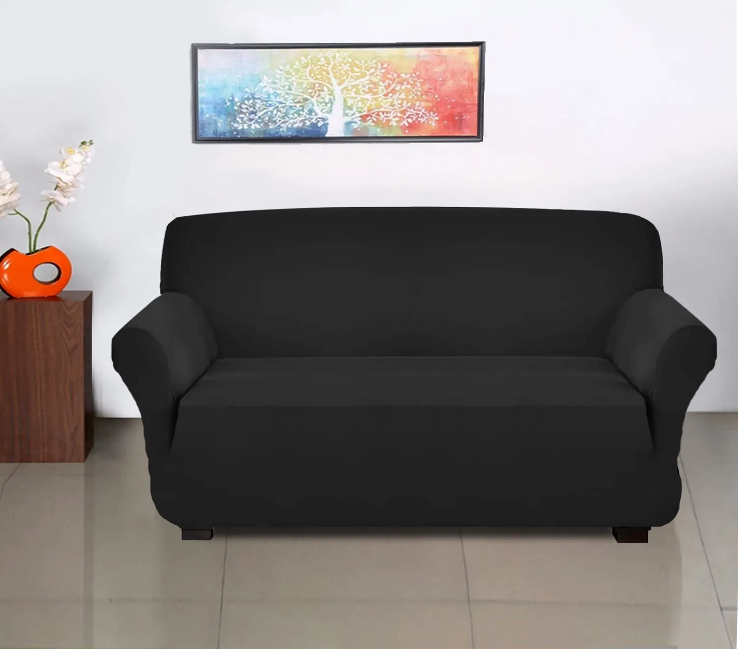 Heart Home Polyster Stretchable 3 Seater Sofa Cover for Home, Office, Hotels with Foam Stick (Black)-50HH01426, Standard