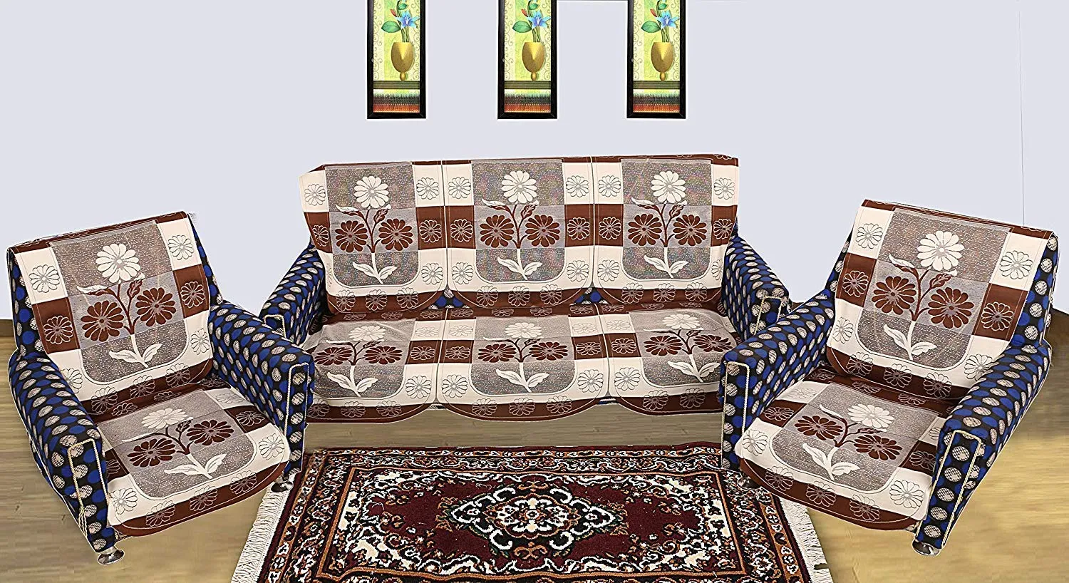 IM FAB Cotton Classic Stripes Net 5 Seater Sofa Cover Set with 1 Centre Table Cover (Coffee/Brown, 70 inch x 29 inch, 40X60 inches)