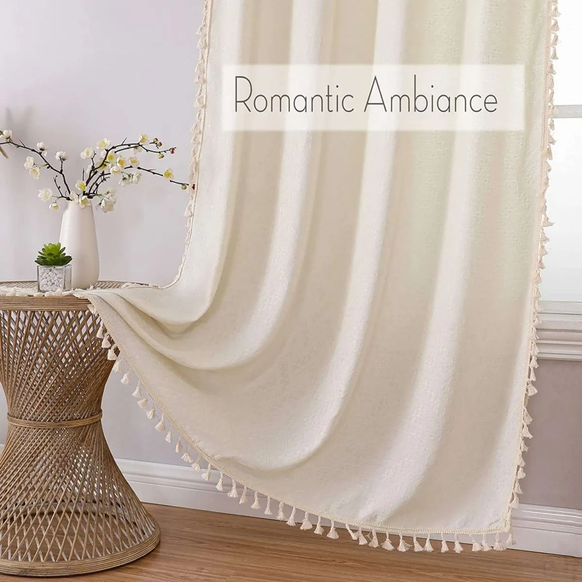 Joydeco Beige Boho Linen Curtains with Tassels & Embroidery