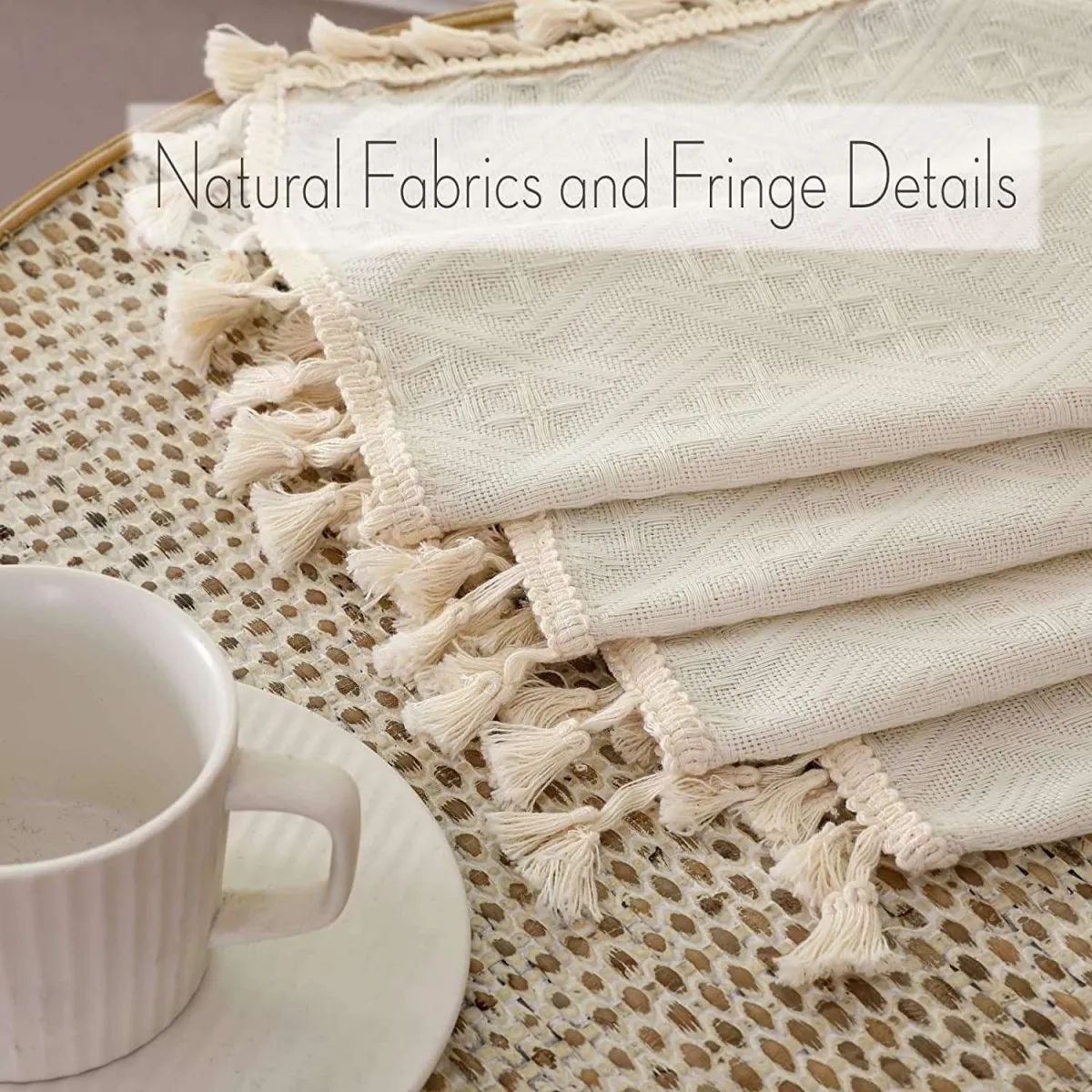 Joydeco Beige Boho Linen Curtains with Tassels & Embroidery