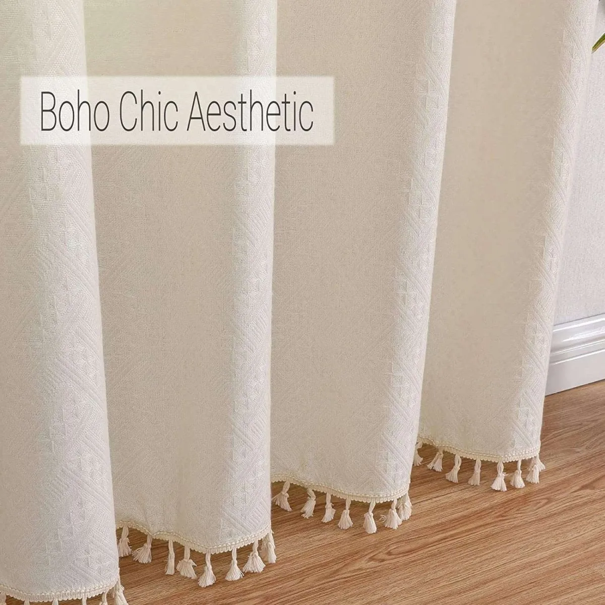 Joydeco Beige Boho Linen Curtains with Tassels & Embroidery