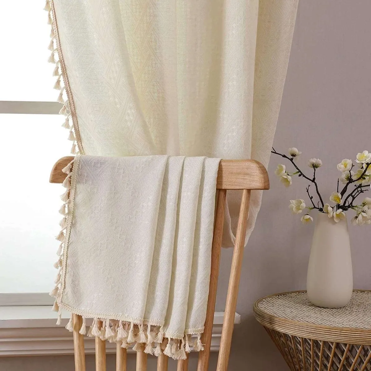 Joydeco Beige Boho Linen Curtains with Tassels & Embroidery