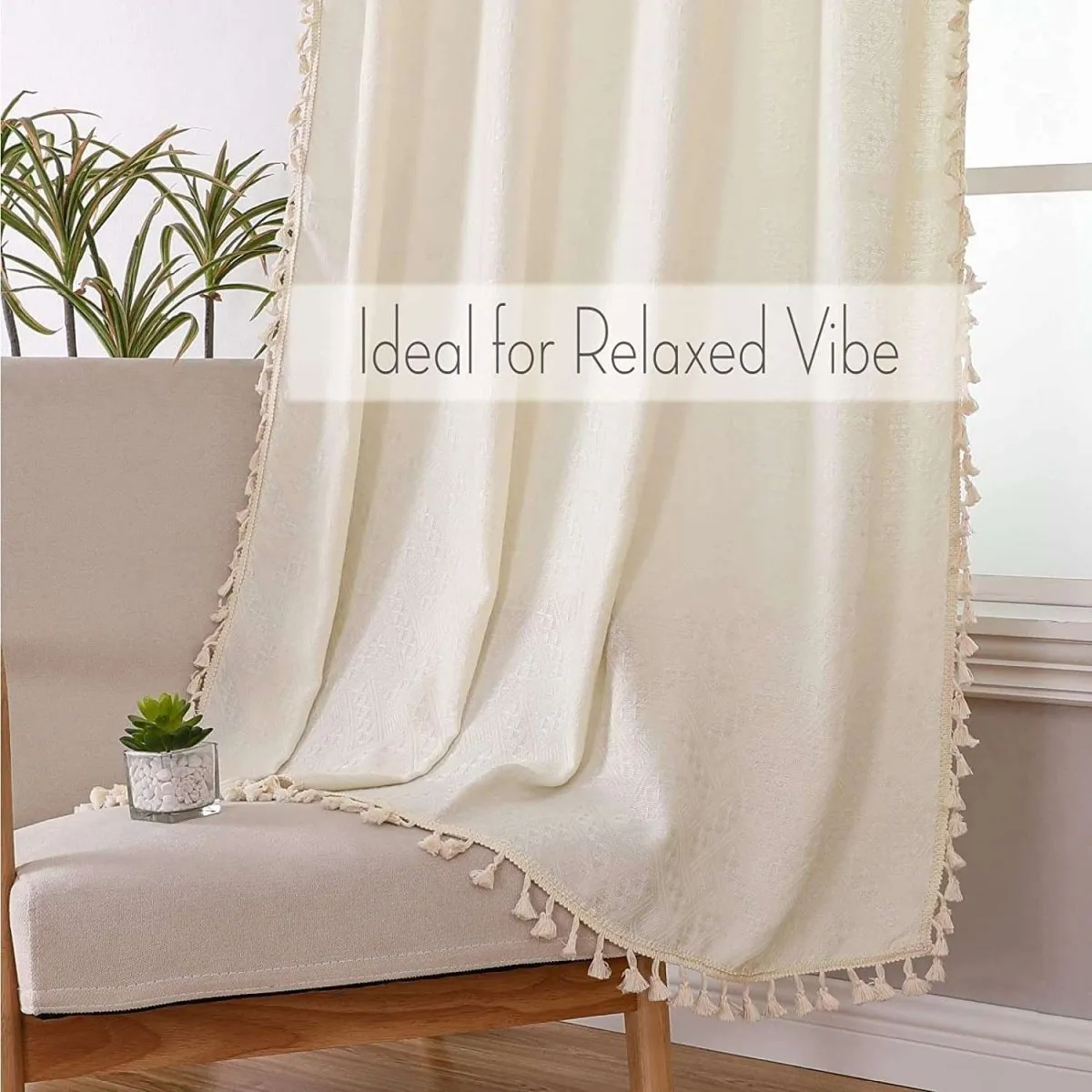 Joydeco Beige Boho Linen Curtains with Tassels & Embroidery