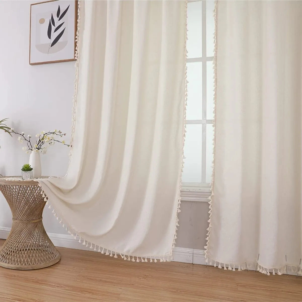 Joydeco Beige Boho Linen Curtains with Tassels & Embroidery