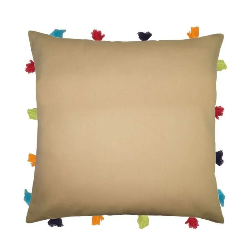 Lushomes Cushion Cover with Tassels & Pom Poms Perfect for Sofas (Multi Colors,14x14 inches)