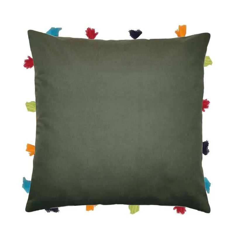 Lushomes Cushion Cover with Tassels & Pom Poms Perfect for Sofas (Multi Colors,14x14 inches)