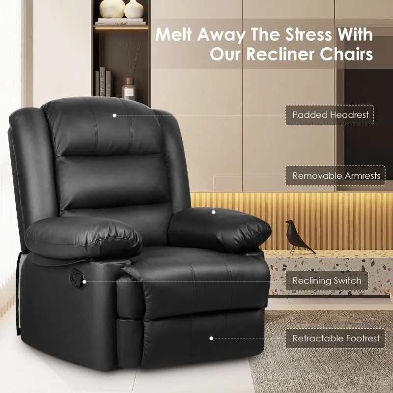 Manual Reclining Sofa with Padded Seat and Backrest, PU Leather Covered, Foldable Legrest, Reclining from 110°-160°