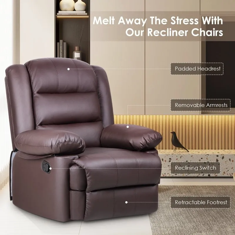 Manual Reclining Sofa with Padded Seat and Backrest, PU Leather Covered, Foldable Legrest, Reclining from 110°-160°