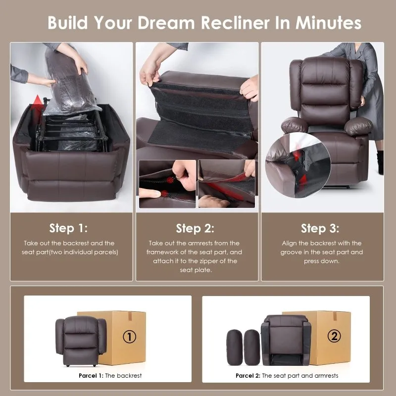 Manual Reclining Sofa with Padded Seat and Backrest, PU Leather Covered, Foldable Legrest, Reclining from 110°-160°