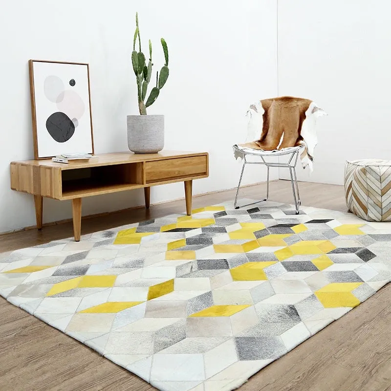 Modern Yellow and Grey Patchwork Cowhide Rug