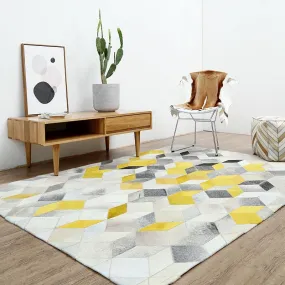 Modern Yellow and Grey Patchwork Cowhide Rug