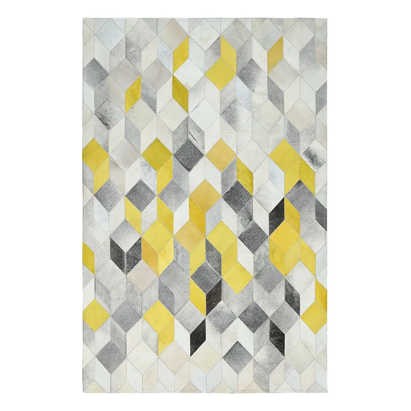 Modern Yellow and Grey Patchwork Cowhide Rug