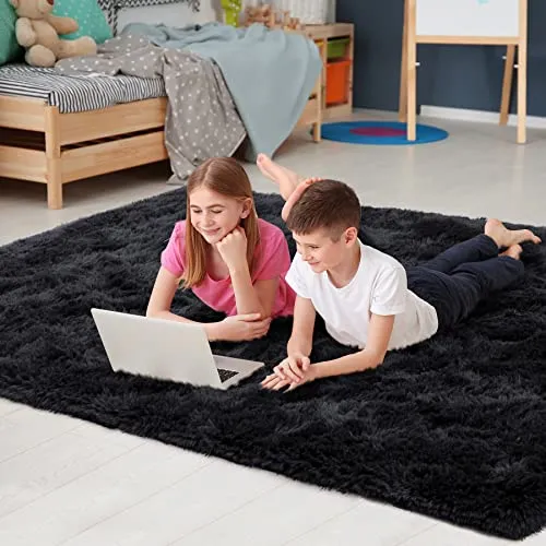 Noahas Fluffy Bedroom Rug Carpet,4x5.3 Feet,Shaggy Fuzzy Rugs for Bedroom,Soft Rug for Kids Room,Plush Nursery Rug for Baby,Thick Black Area Rugs for Living Room,Cute Room Decor for Girls Boys