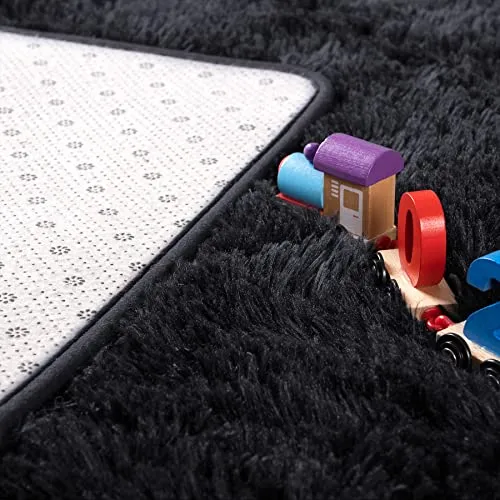 Noahas Fluffy Bedroom Rug Carpet,4x5.3 Feet,Shaggy Fuzzy Rugs for Bedroom,Soft Rug for Kids Room,Plush Nursery Rug for Baby,Thick Black Area Rugs for Living Room,Cute Room Decor for Girls Boys