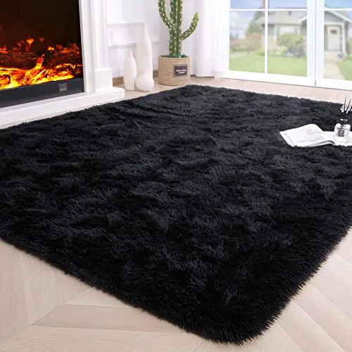 Noahas Fluffy Bedroom Rug Carpet,4x5.3 Feet,Shaggy Fuzzy Rugs for Bedroom,Soft Rug for Kids Room,Plush Nursery Rug for Baby,Thick Black Area Rugs for Living Room,Cute Room Decor for Girls Boys