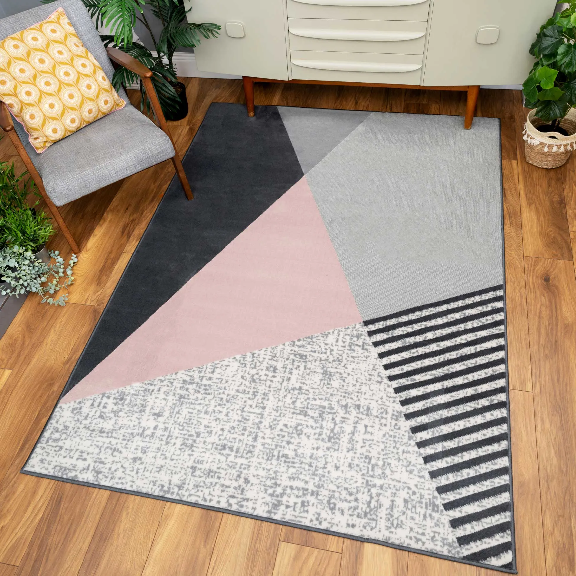 Pink Grey Modern Geometric Bedroom Rug