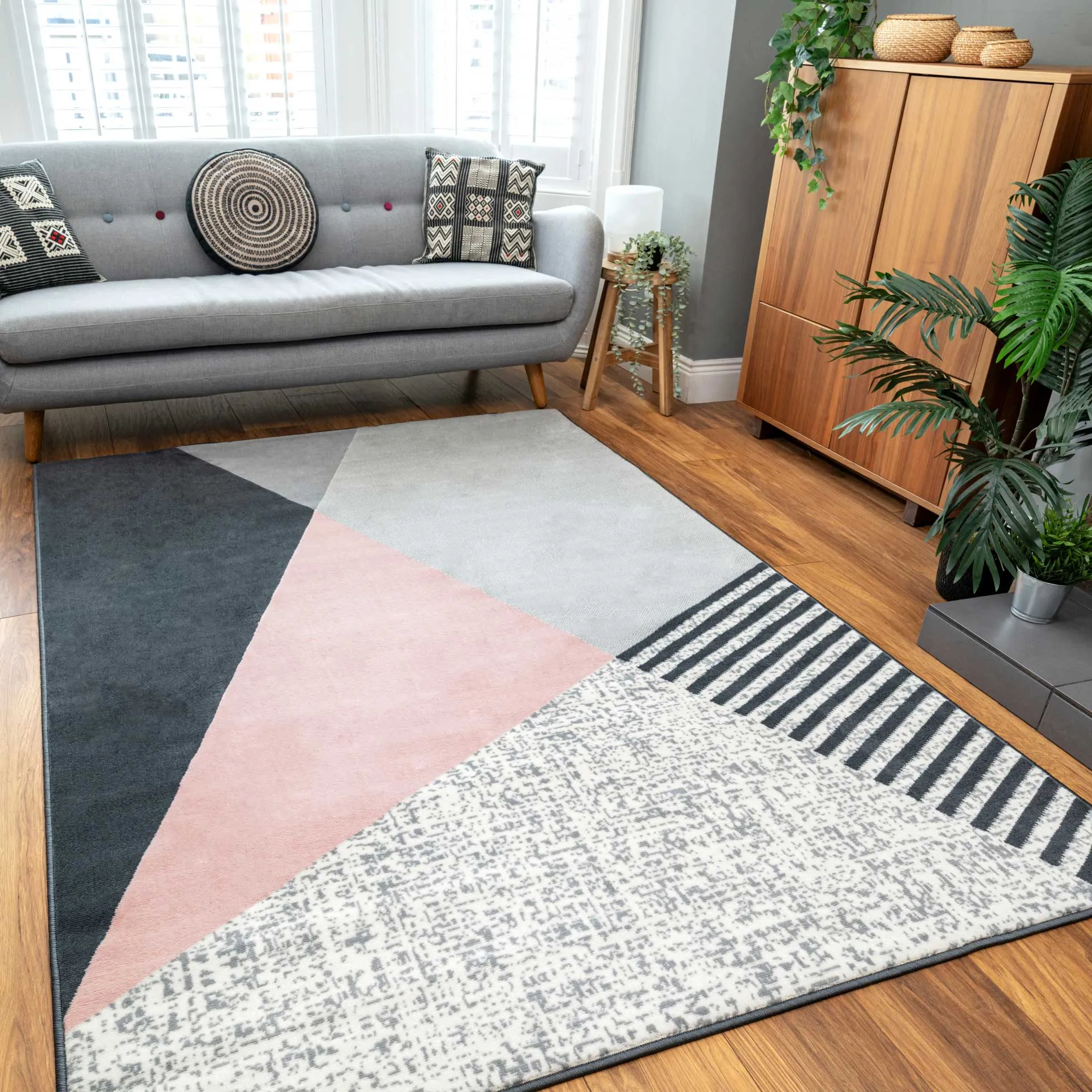 Pink Grey Modern Geometric Bedroom Rug