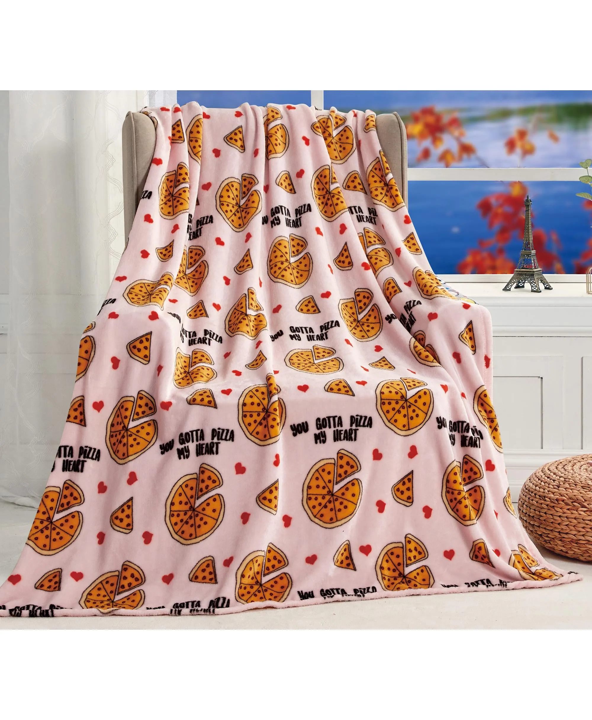 Plazatex Pizza My Heart Micro plush Decorative All Season Multi Color 50" X 60" Throw Blanket