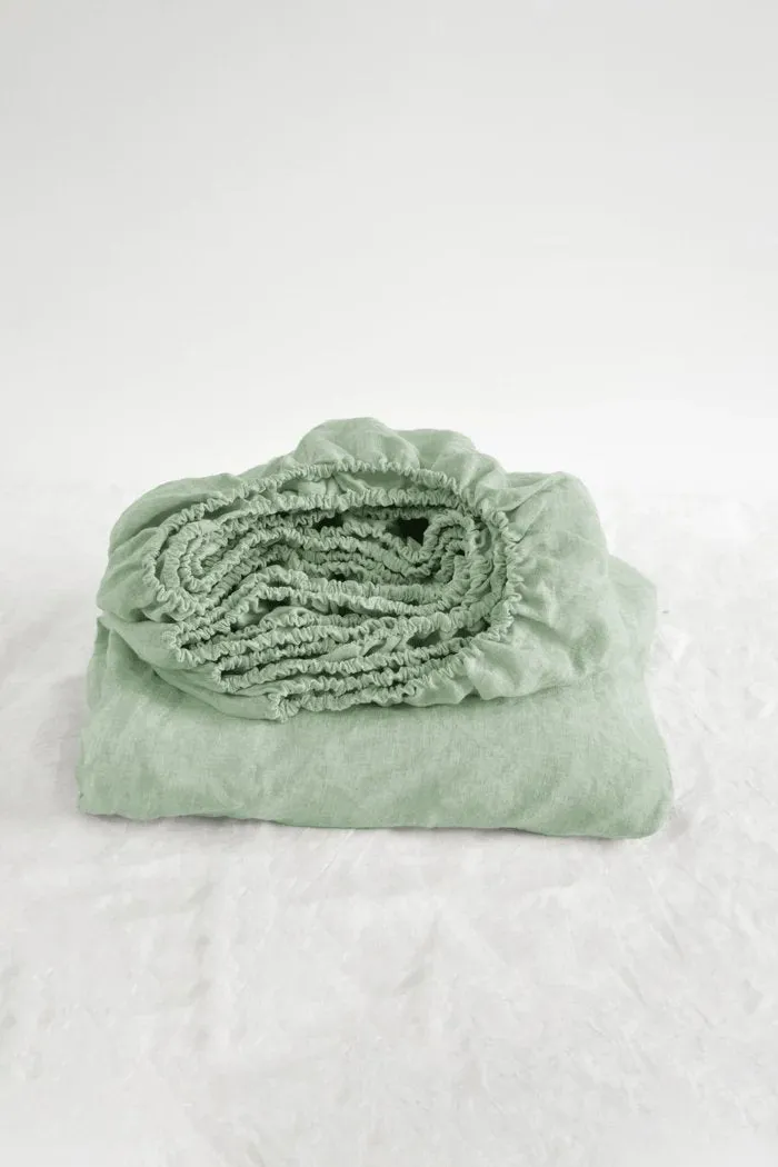 Pure Linen Fitted Sheet with Pillow Covers | 3 Pc Set |Sage Green