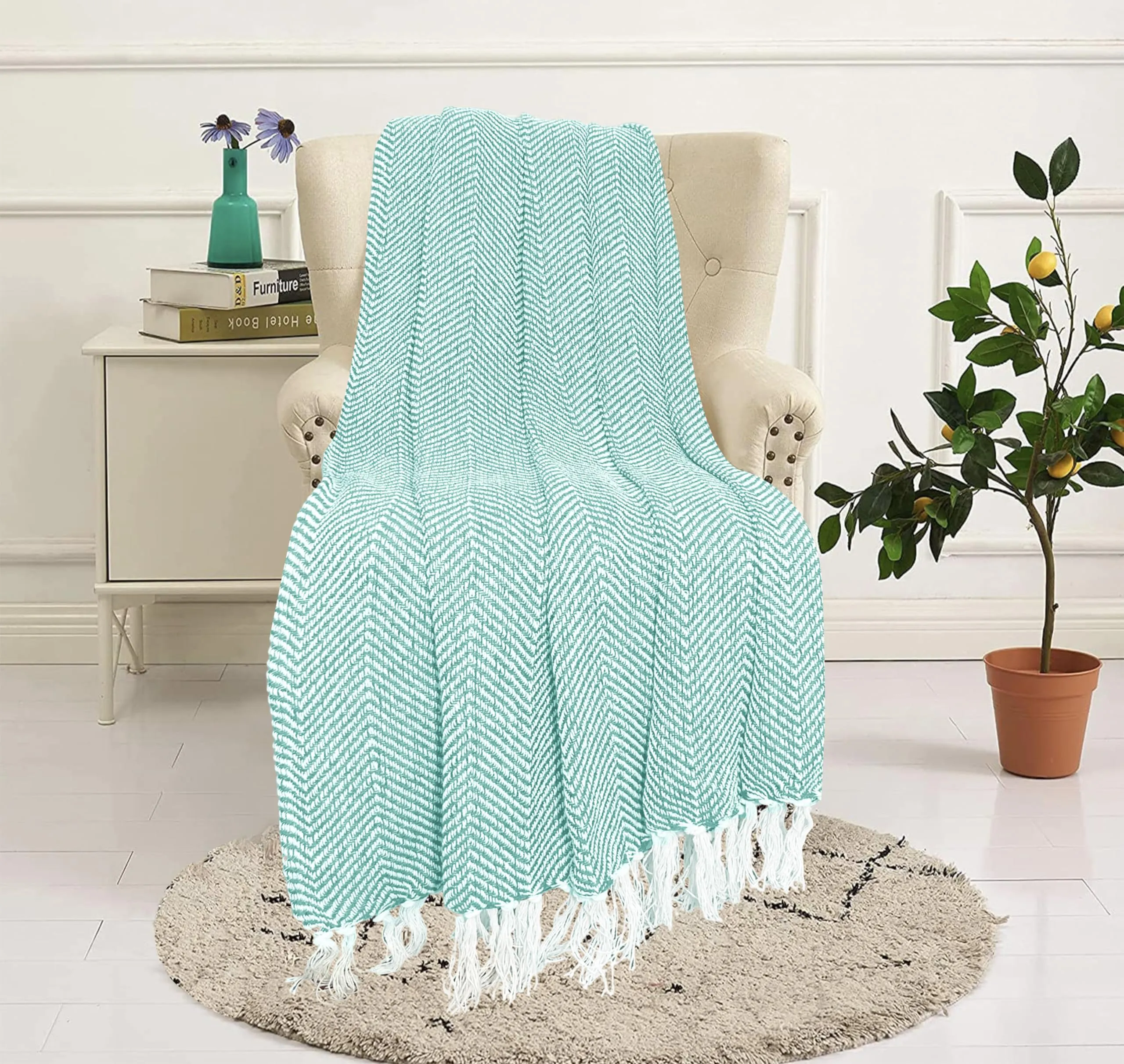 SAJAVAT HOME Hand-Knitted Pure Cotton Sofa Throw | Soft and Cozy Decorative Throw | 82x52 Inches / 208x132 Cms | Sky Blue with Tassels | Reversible and Breathable (Pack of 1)