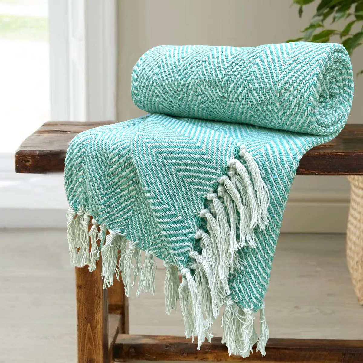 SAJAVAT HOME Hand-Knitted Pure Cotton Sofa Throw | Soft and Cozy Decorative Throw | 82x52 Inches / 208x132 Cms | Sky Blue with Tassels | Reversible and Breathable (Pack of 1)