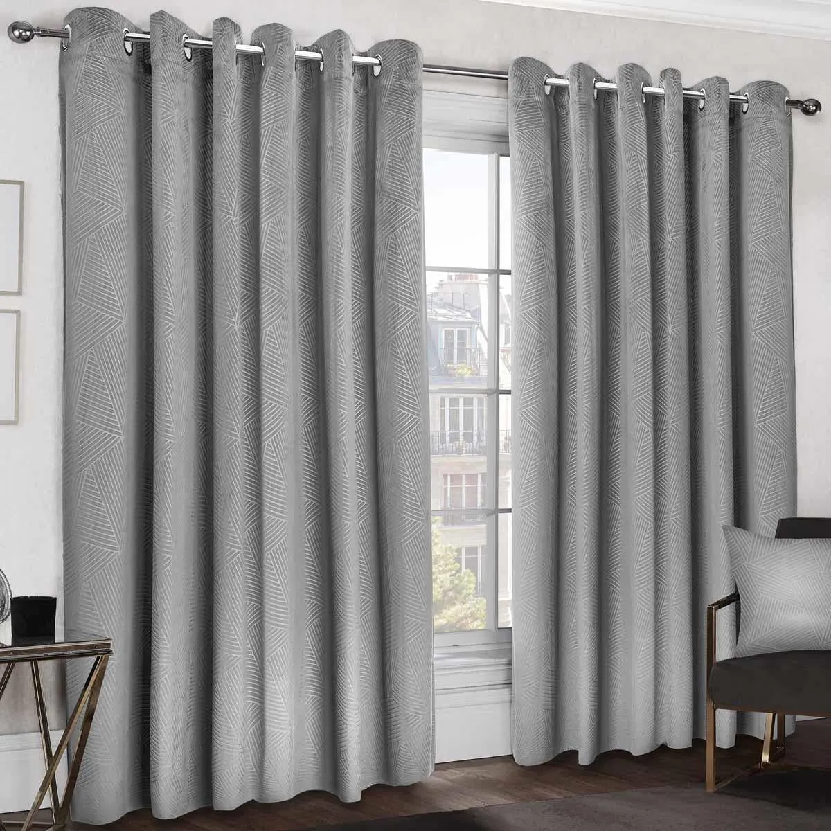 Thermal Blackout Eyelet Curtains Embossed Velvet Woven Silver