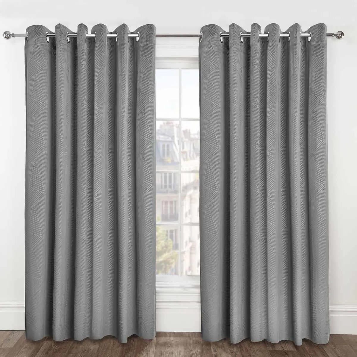 Thermal Blackout Eyelet Curtains Embossed Velvet Woven Silver