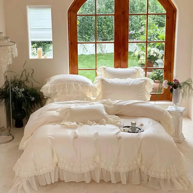 Trend4us Elegant Premium Lace Ruffled Bedding Set