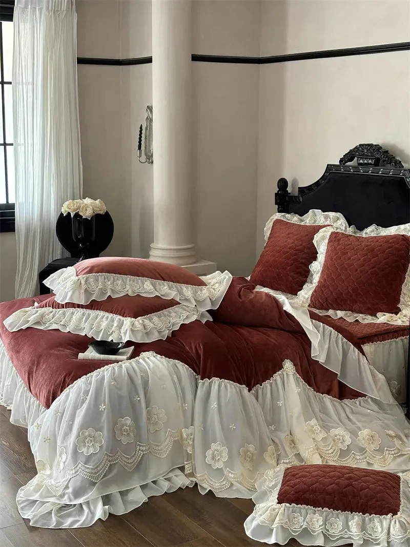 Trend4us Elegant Velvet Lace Bedding Set with Floral Embroidery