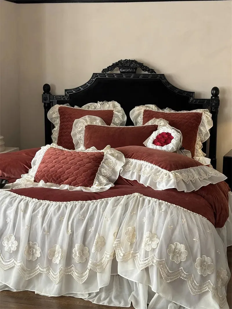 Trend4us Elegant Velvet Lace Bedding Set with Floral Embroidery