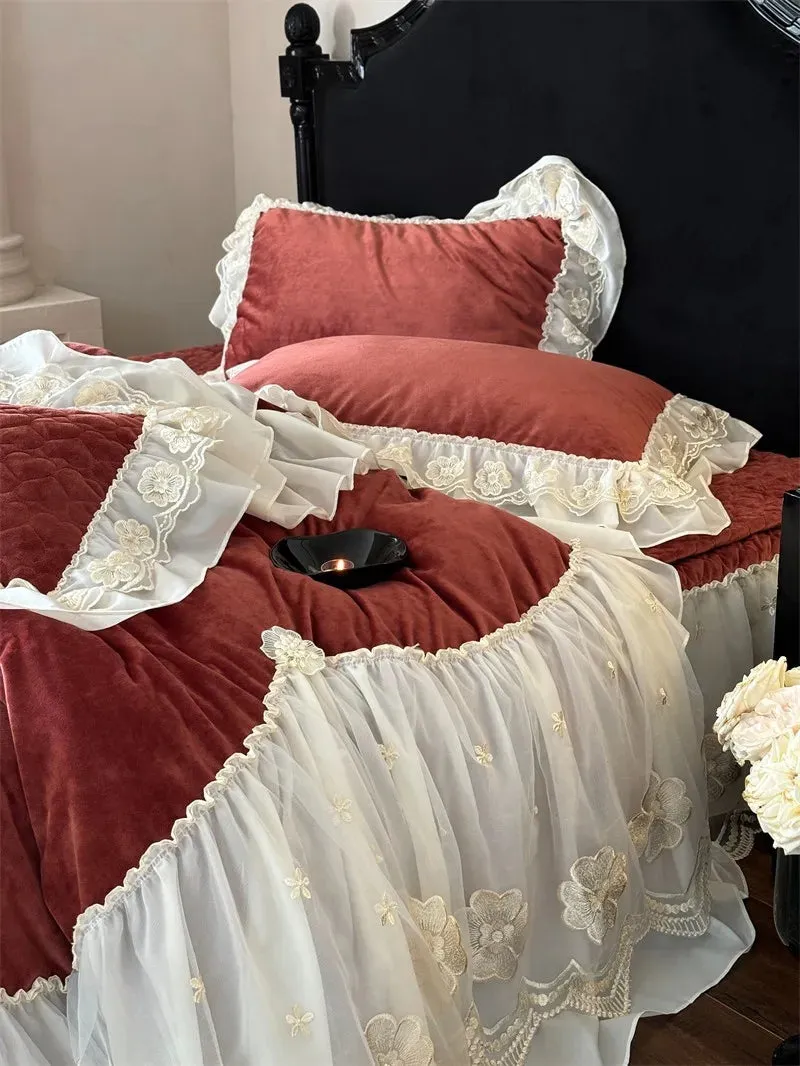 Trend4us Elegant Velvet Lace Bedding Set with Floral Embroidery