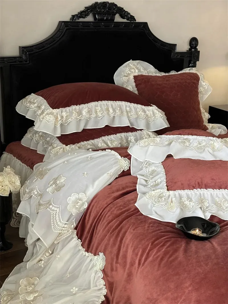 Trend4us Elegant Velvet Lace Bedding Set with Floral Embroidery