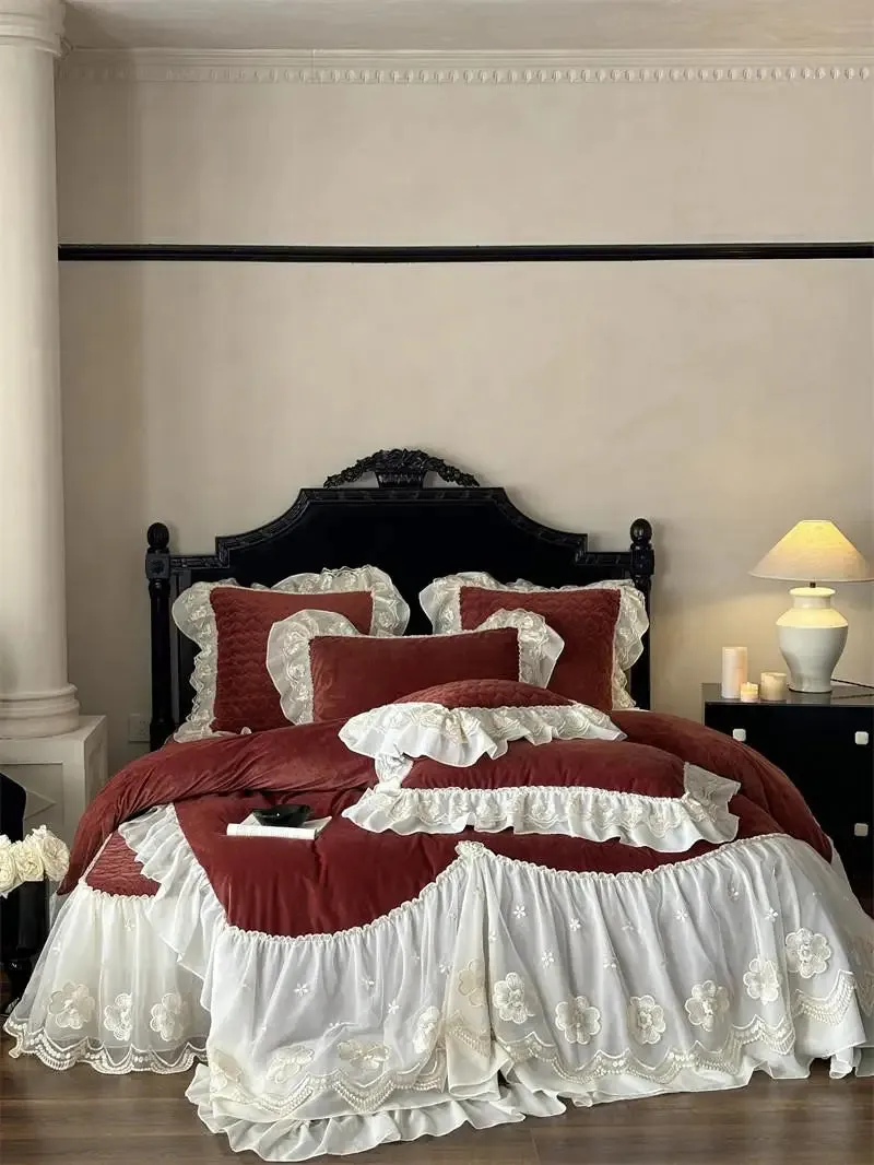 Trend4us Elegant Velvet Lace Bedding Set with Floral Embroidery