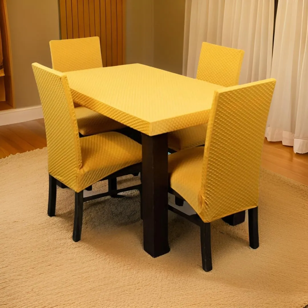 Trendily Premium Dining Table & Chair Cover Combo Weaves Elastic Chairs | Wrinkle-Free | Stretchable | Washable Printed- Mustard Yellow  (TCC-047)