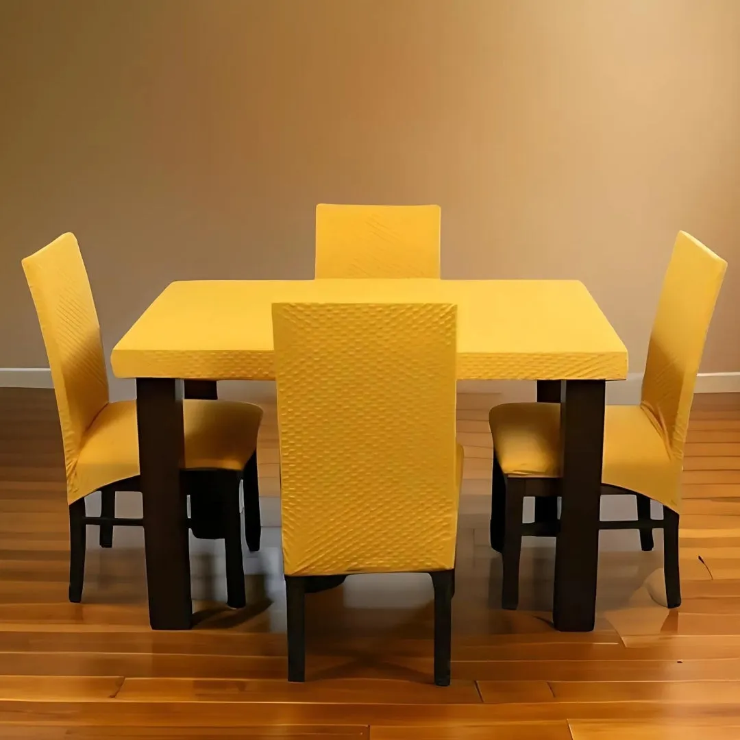 Trendily Premium Dining Table & Chair Cover Combo Weaves Elastic Chairs | Wrinkle-Free | Stretchable | Washable Printed- Mustard Yellow  (TCC-047)