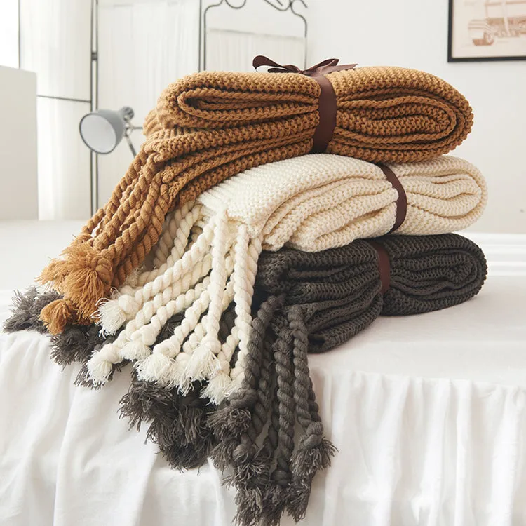 Waffle Knit Throw Blanket with Tassels