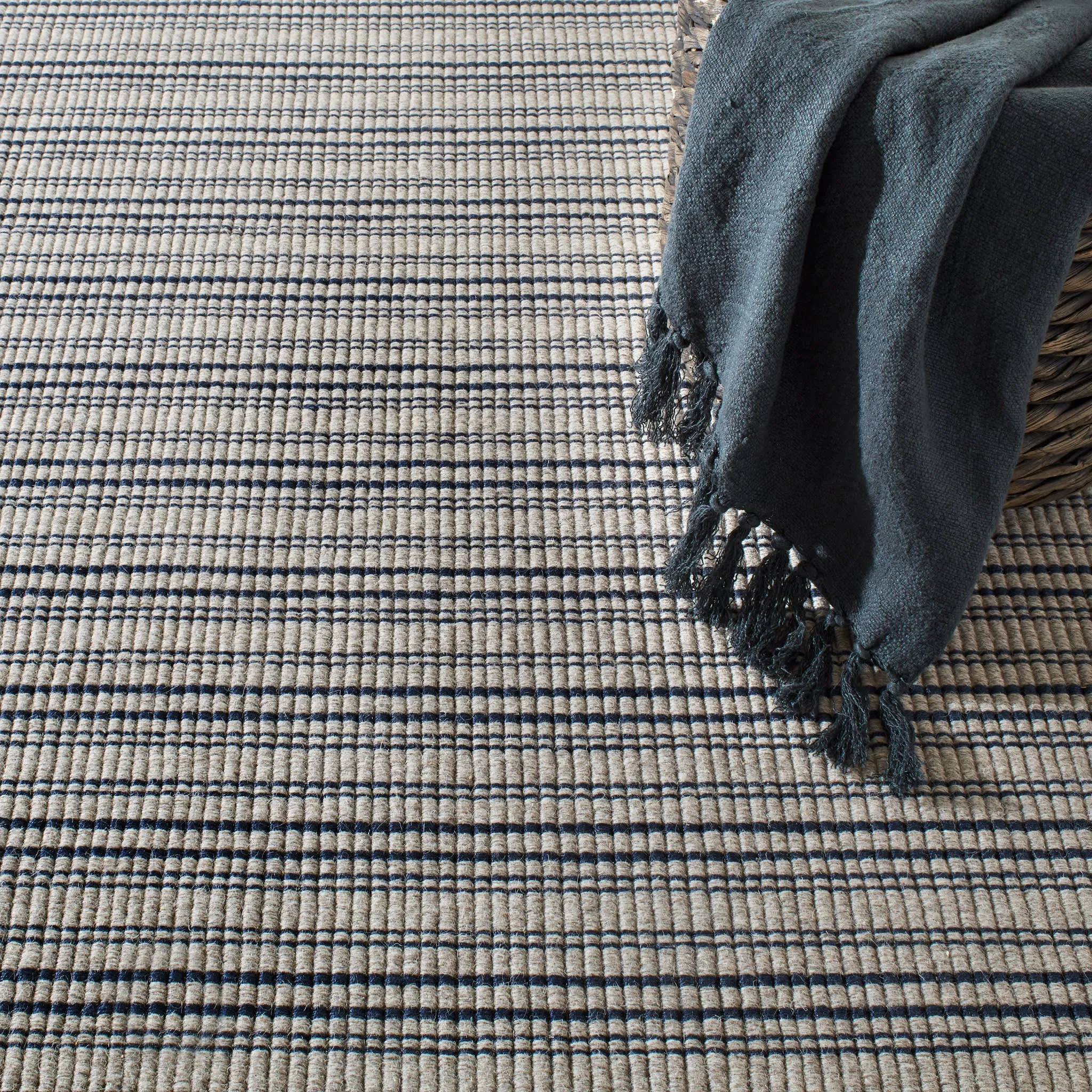 Warren Ticking Navy Woven Wool Custom Rug Swatch With Attached Rug Pad