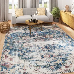 Washable Vintage Blue Distressed Rug - Lyra